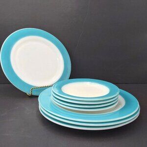 Pyrex Made in Canada Turquoise Band Milk Glass Set 4 Dinner and 4 Bread Plates